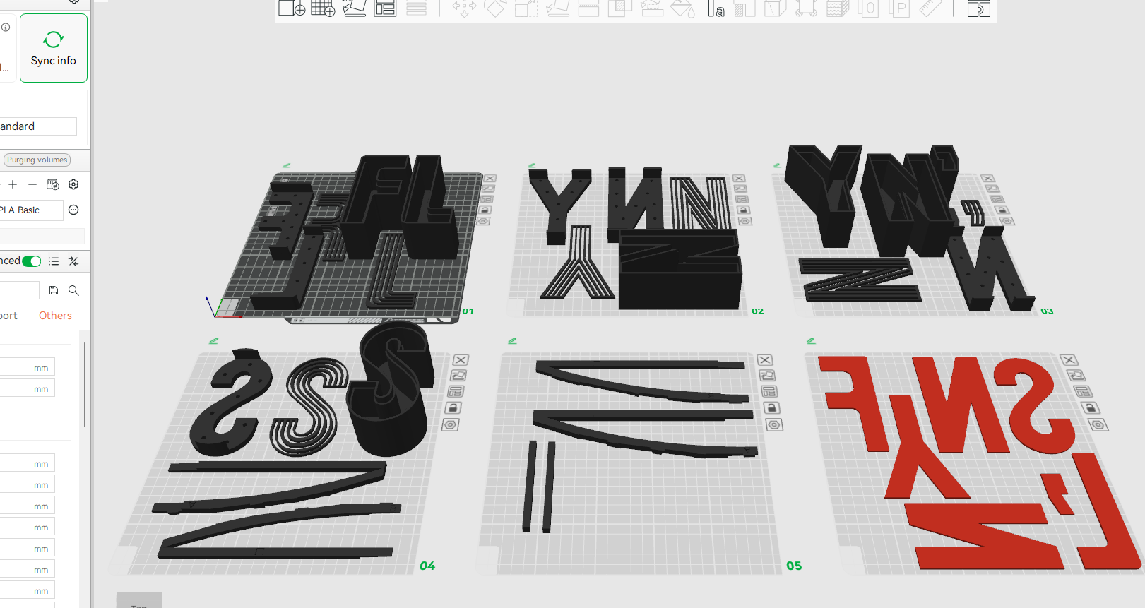 FLYNN'S sign parts laid out on several print plates in the slicer